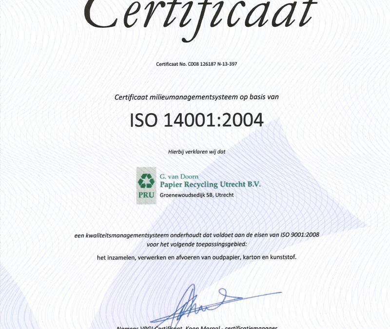 milieucertificaat ISO 14001 voor G. van Doorn, Papier Recycling Utrecht B.V.